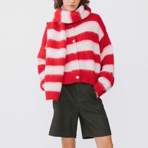 STRIPED COLOR BLOCK WOOL KNIT CARDIGAN WITH SCARF